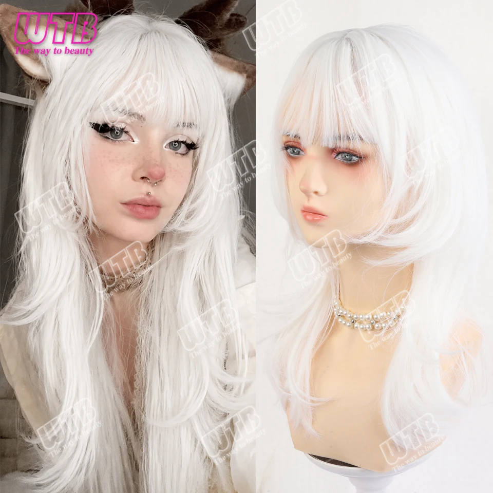 Medium Straight Layered Wigs Synthetic Cosplay Party Fake Hair With Princess Cuts Bangs Lolita Wig Girl Cute Halloween Harajuku