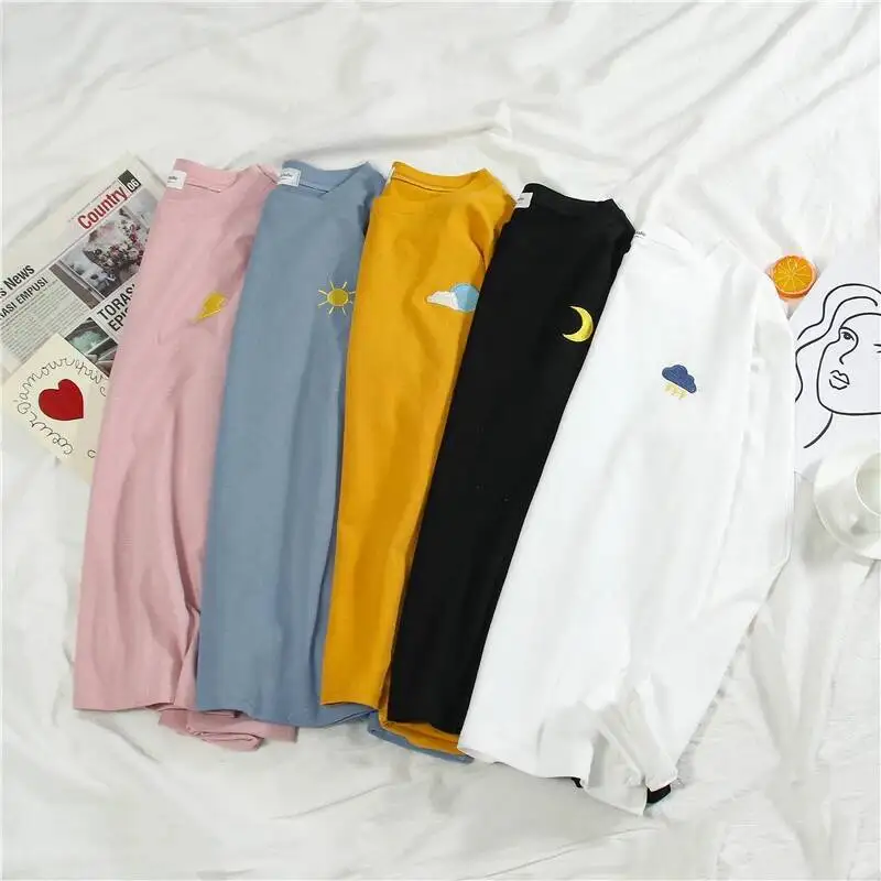 Mulheres dos desenhos animados bordados camisetas harajuku simples t camisa outono manga longa casual solto camiseta estudante engraçado tshirt topos