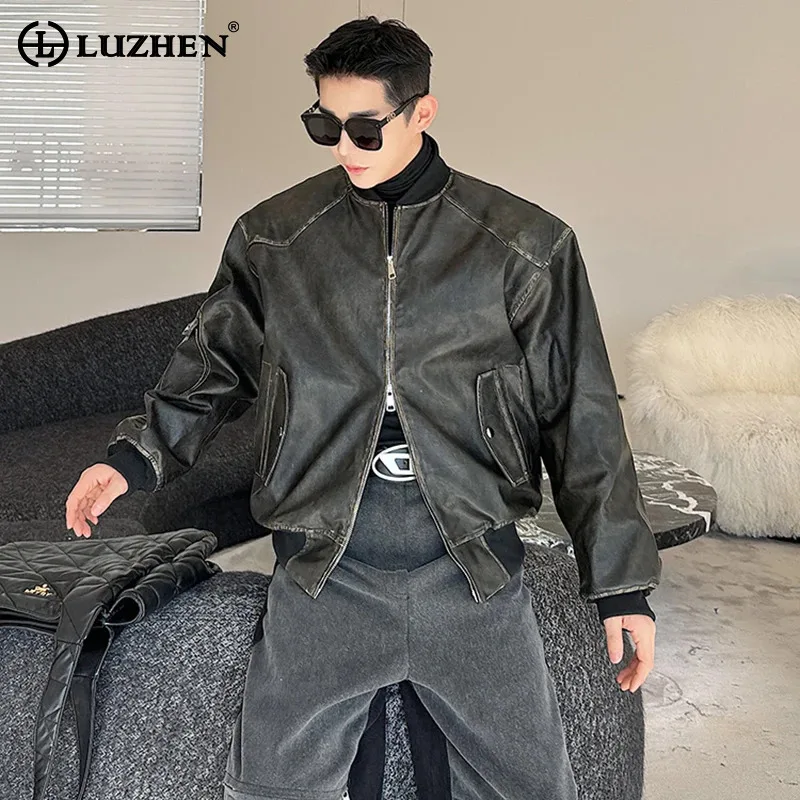 LUZHEN Versatile Short Leather Jacket Men Fashion Handmade Motorcycle Wornout Design Outerwear 2024 Korean New In Clothes LZ7626