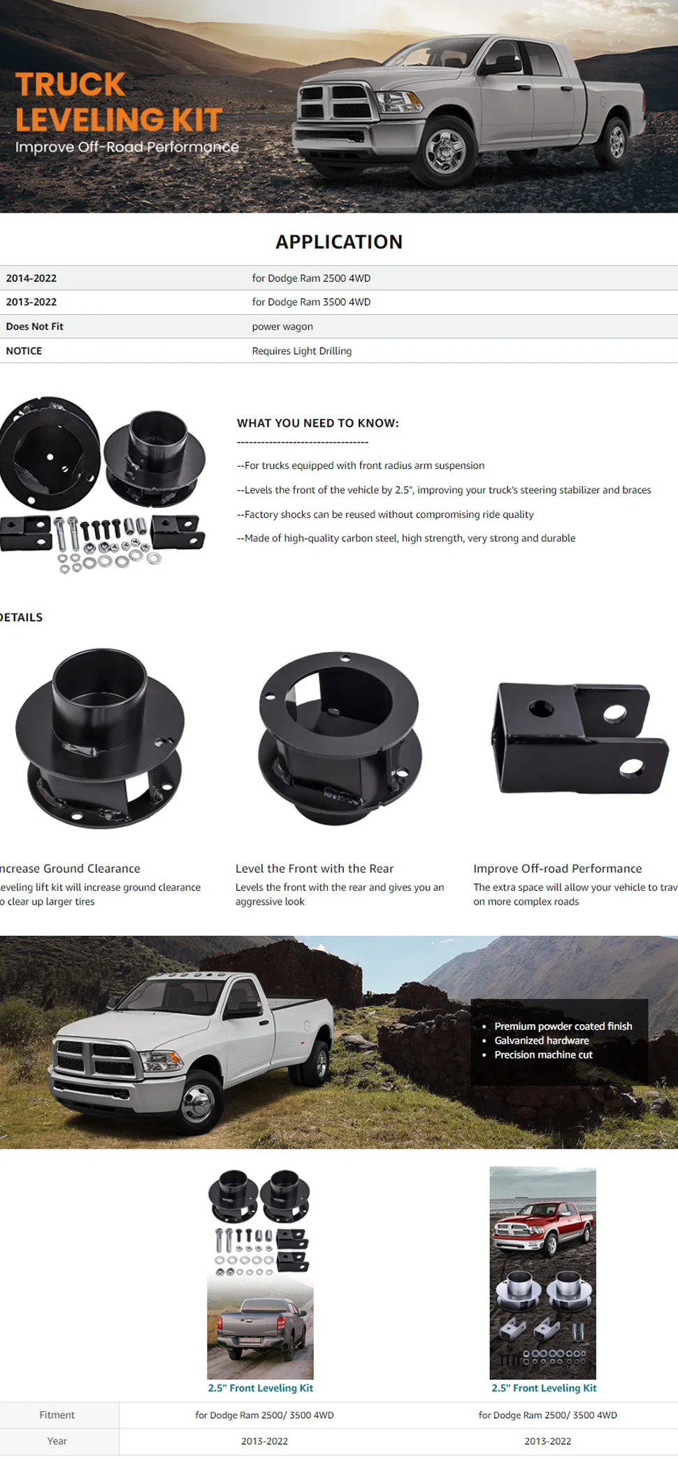 2.5 Inch Front Lift Kit For Dodge Ram 2500 2014-2022 Shock Extension Brackets