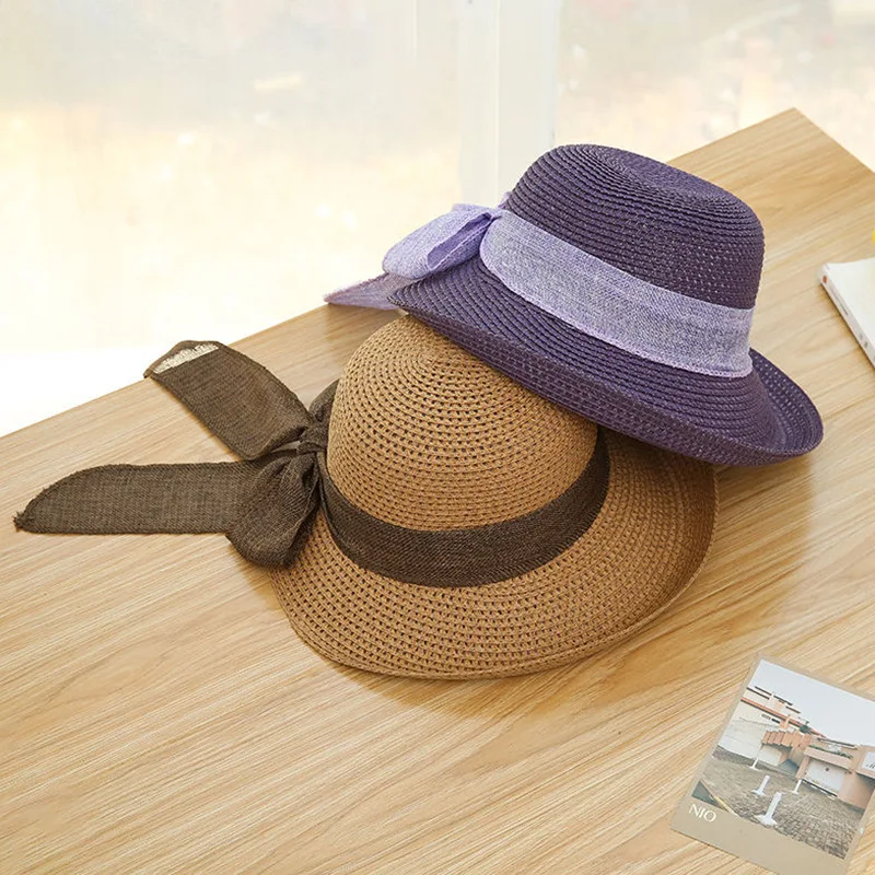 Summer Korean Women\'s Bow Popular Straw Hat Holiday Sunscreen Curled Fashion Beach Sunshade Hat