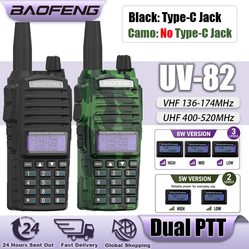 Baofeng Walkie Talkie UV-82 Type-C Charging 5W/8W High Power Dual Band Dual PTT Flashligh 128CH Long Range Portable Two WayRadio