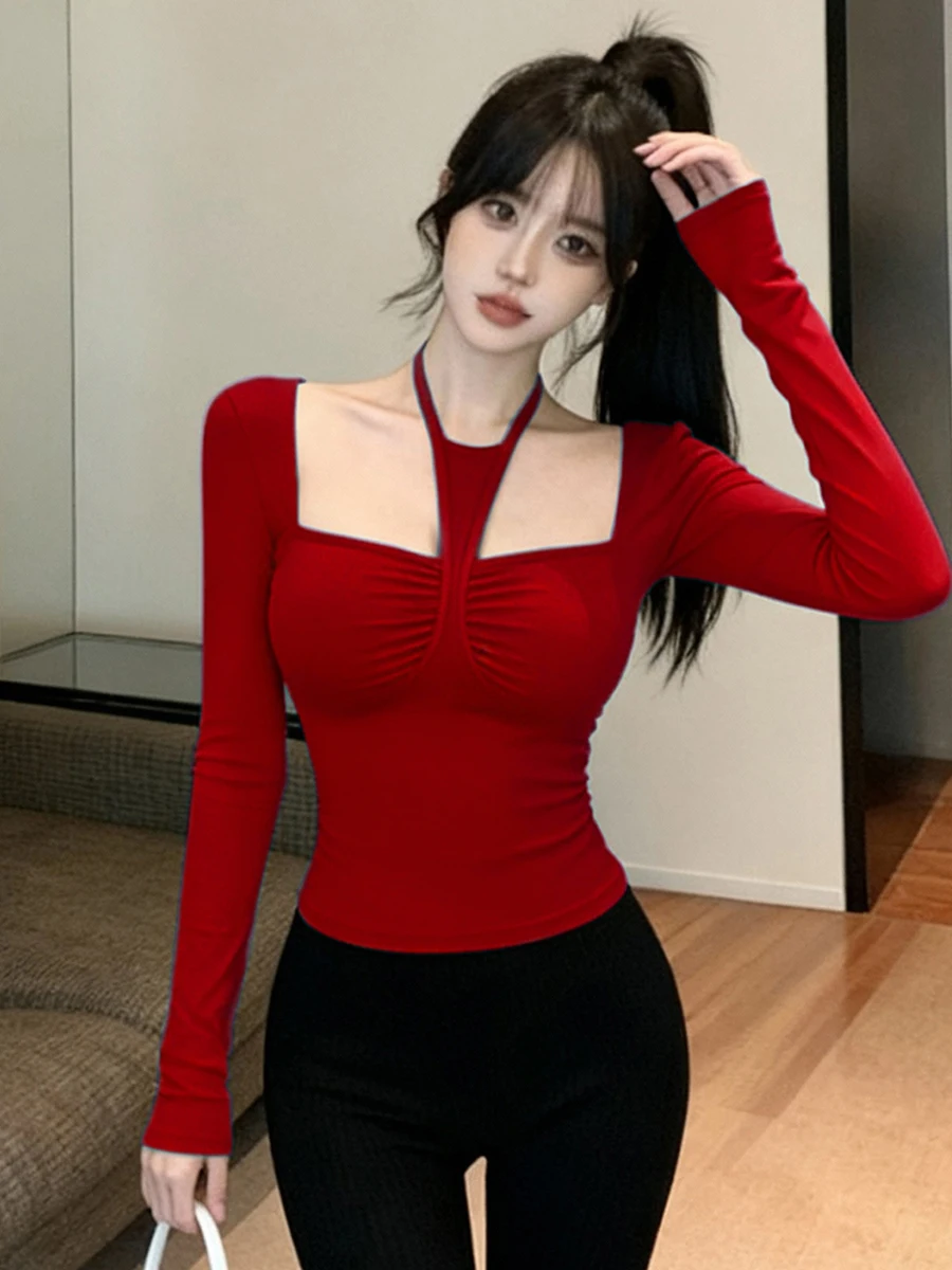 

Trendy Y2K Hotsweet Red Long Sleeve T-shirt For Women Square Neck Halter Tie Strap Slim Fit Office Casual Layering Inner Top