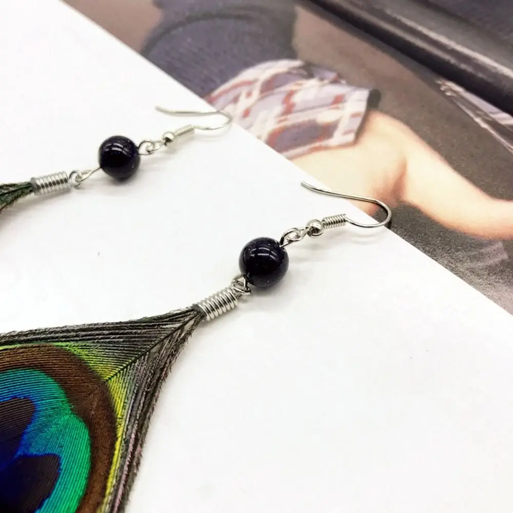 National Style Jewelry Accessories Ethnic Style Women Dangle Earrings Jade Bead Peacock Feather Earrings Bohemian  Jewelry
