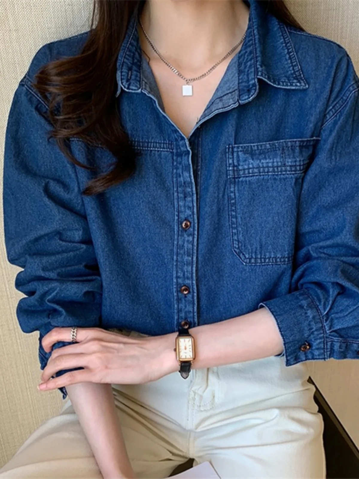 Vestibilità ampia lunga Sve Blue Denim irt Donna Autunno Inverno Abbigliamento interno vintage Casual Oversize Jaet Commute Sle