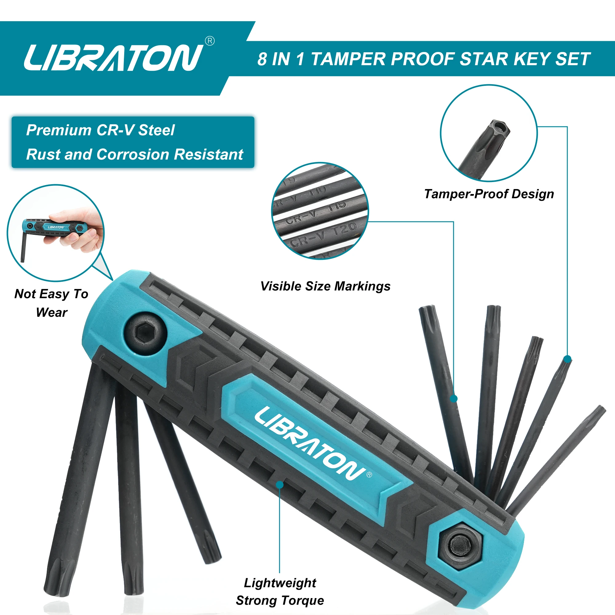 Libraton 8 in 1 katlanır kurcalamaya dayanıklı Torx anahtar seti, cep taşınabilir kurcalamaya dayanıklı güvenlik yıldız anahtar takımı boyutları T-9