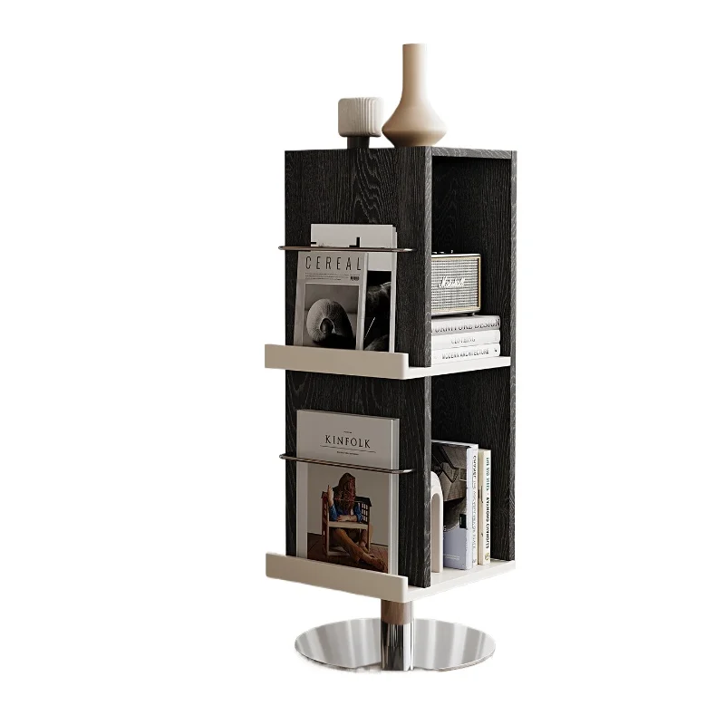 

Rotating bookshelf, short magazine rack, floor-to-ceiling shelf by living room sofa, retro solid wood black display