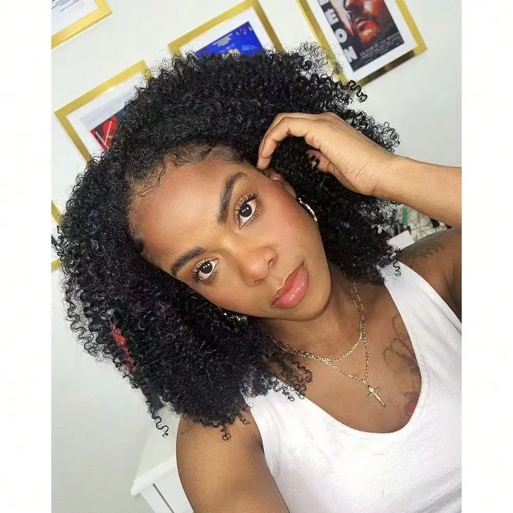 

Парик-полупарик из натуральных волос Kinky Curly, плотность 200%, без клея, с повязкой на голову на шнурке, для женщин