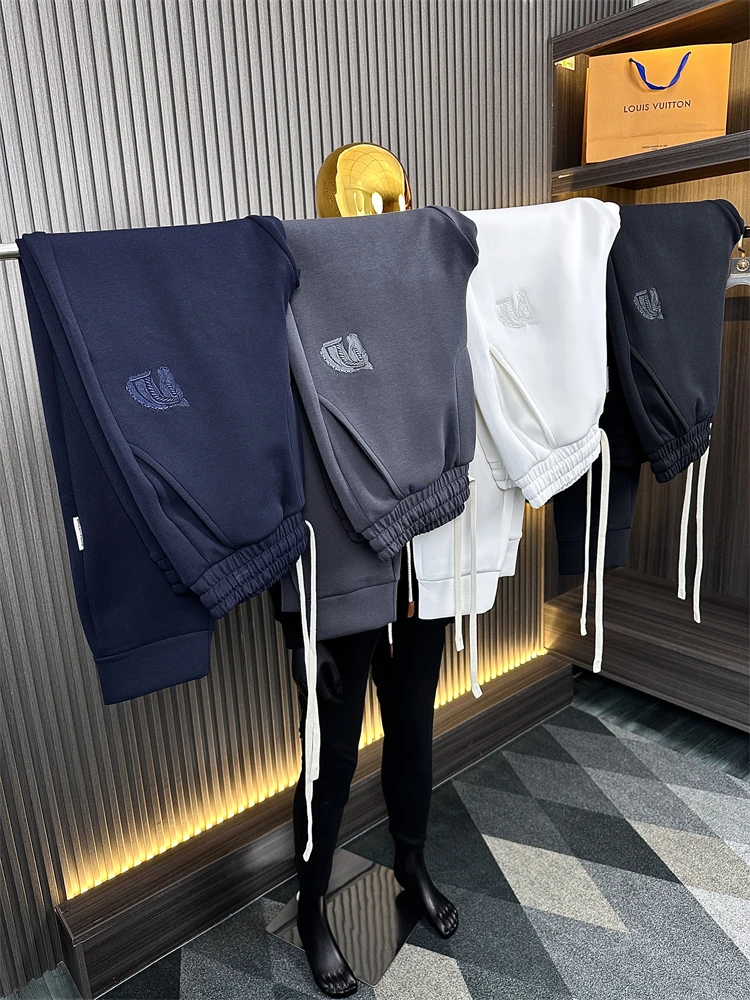 

Pure Color Elastic Waist Sweatpants Men's Casual Pants Breathable Air Layer Embroidered Head Double Layer Flat Weave