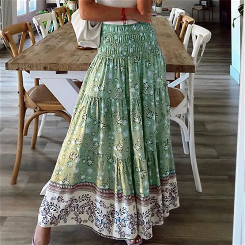 

Fashion Women Skirts New Casual All-match Skirt Loose Elastic Waist Floral Print Ethenic Style Boho Skirt Bohemian Style Skirt