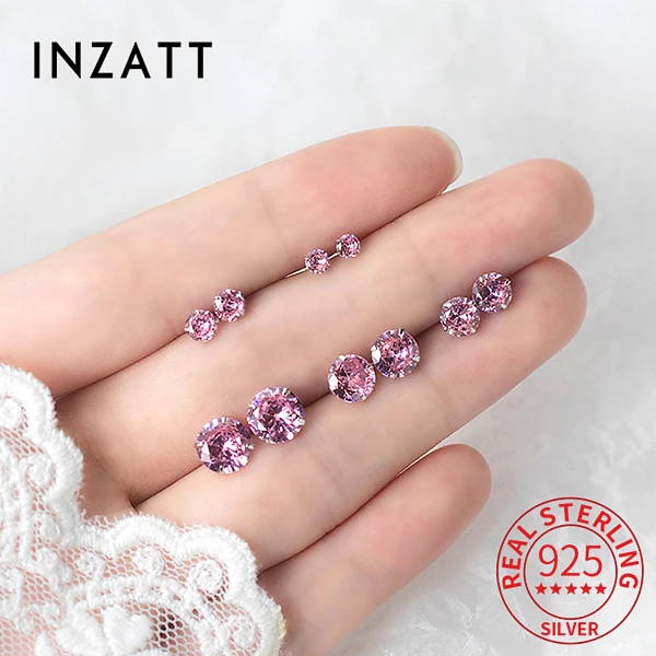 

INZATT Real 925 Sterling Silver Round Zircon Stud Earrings For Fashion Women Party Classic Fine Jewelry Ear Piercing