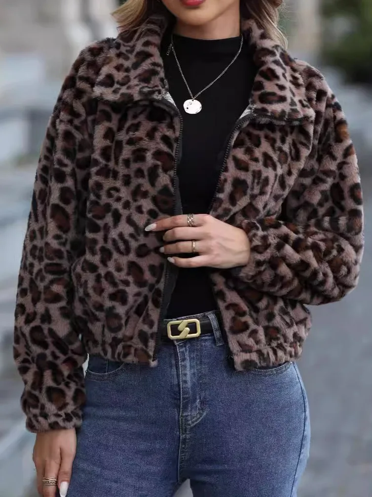 New Winter Women Leopard Print Jacket Women Fashion Lapel Collar Warm Parkas Outwear Winter Zipper Female Loose Faux Fur Coats