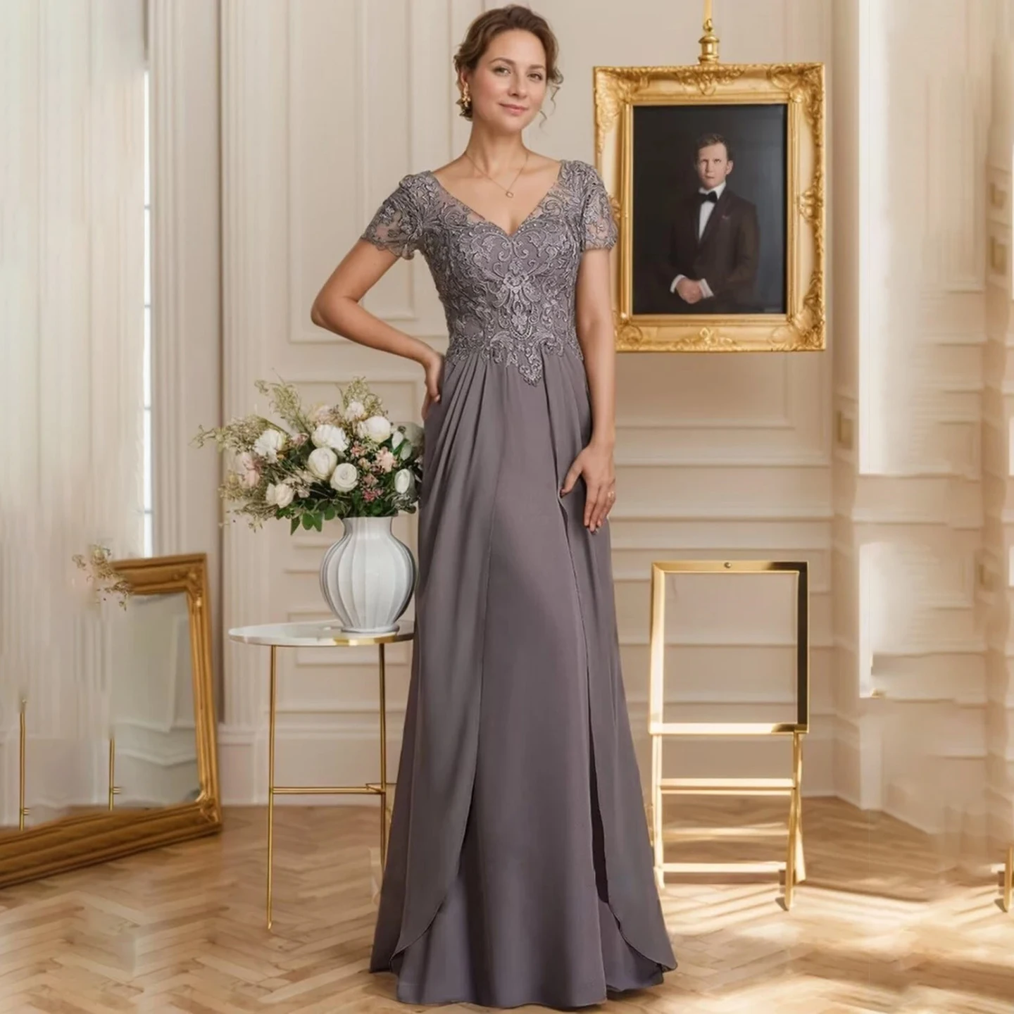 

Elegant Lace V - Neck Evening Dress with Short Sleeves Party Dress Floor Length Mothers of the Bride Dress for Wedding Guests