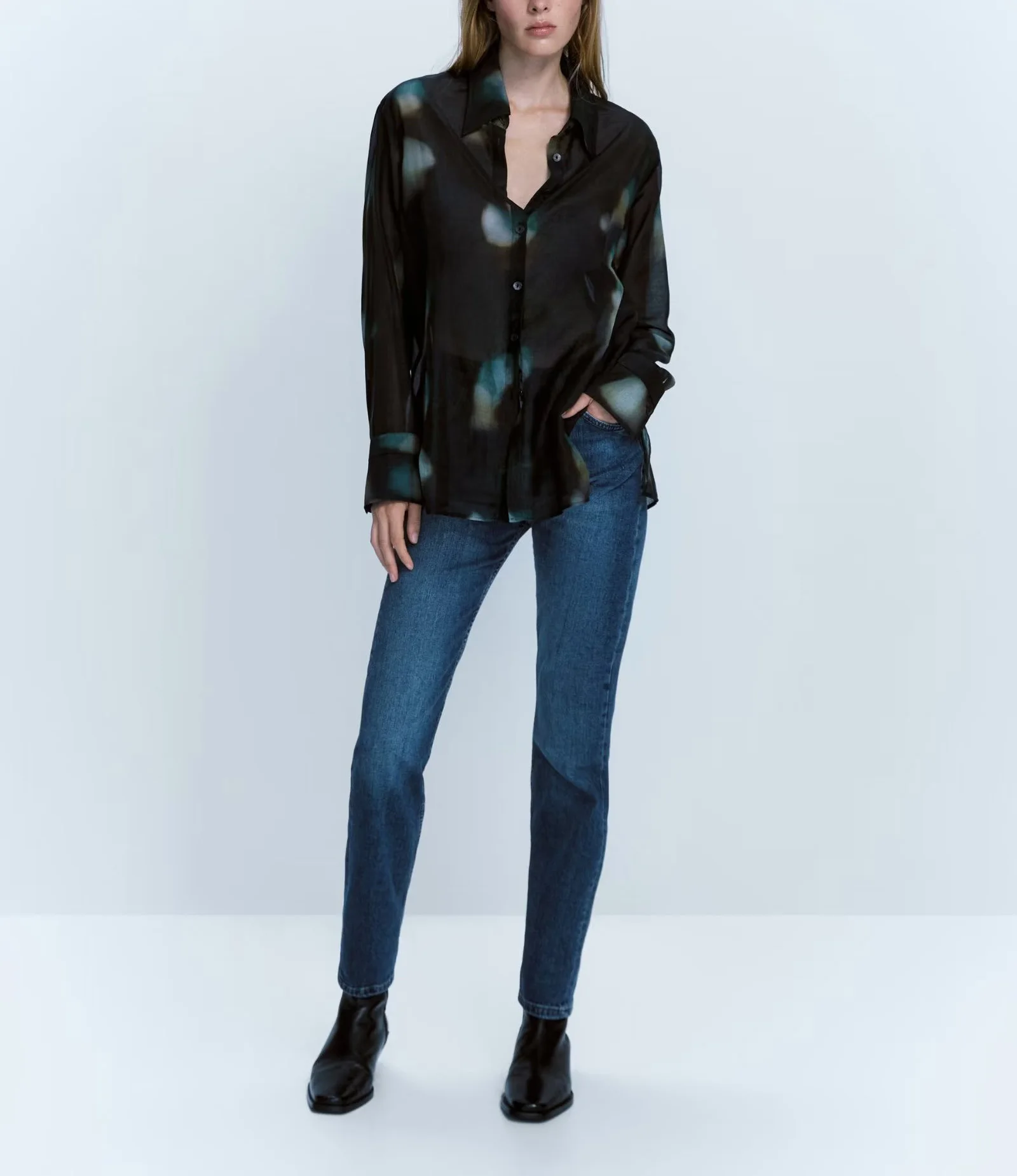 MD Women's Long Sleeve  Collar Printed Chiffon Semi-Transparent Shirt Comfortable Fit Commute Style Floral Polyester Fiber