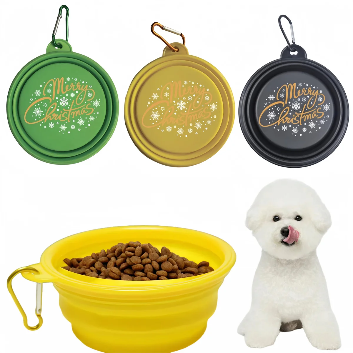 Collapsible Silicone Dog Food Water Bowl Cute Christmas Pet Bowl Outdoor Travel Portable Folding Supplies Dishes with Carabiner