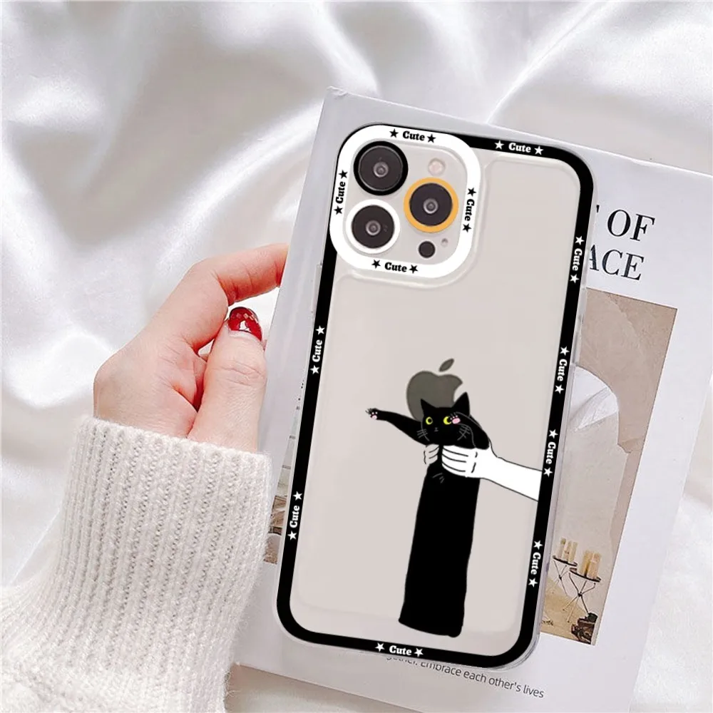 Black Cat Cartoon Cute Phone Case For Samsung S 20 21 22 23 Lite Plus Ultra Clear Mobile Cover Funda