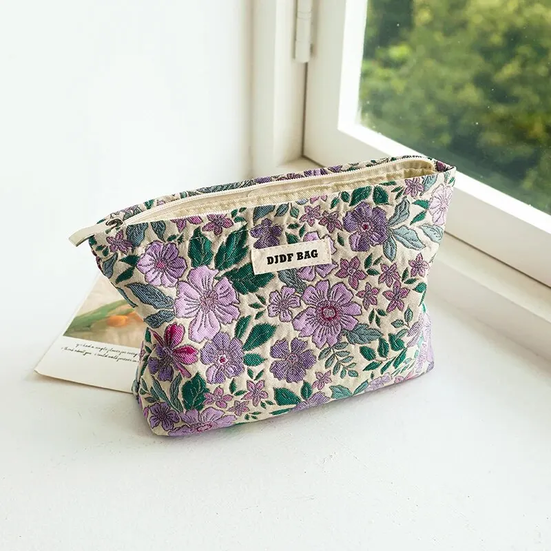 Women\'s Cosmetic Bag Purple Retro Flowers Large Capacity Cosmetic Lipstick Storage Bag Travel Toiletry Bag Portable Cloth Bag