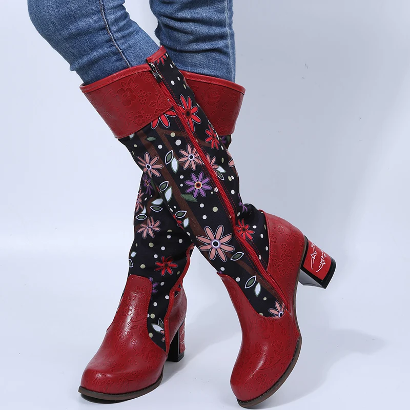 Casual vintage floral ethnic style women\'s boots adjustable knee-high boots