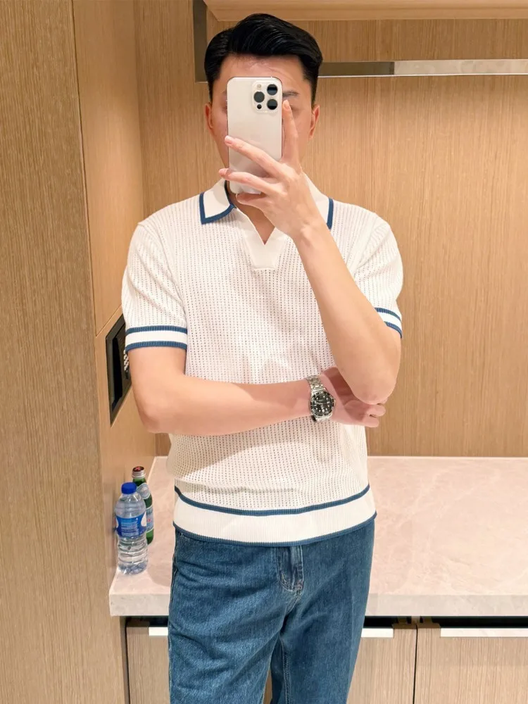 Summer Mixed Colors Breathable Mens T Shirt Lapel Short Sleeve Hollow Out Italian Style Business Casual Pullover Tees Tops Male