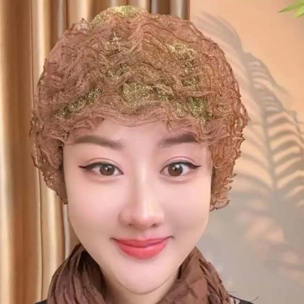Soft Beauty Lace Curling Hat Polyester Breathable Elastic Curly Hair Hat Solid Color Brimless Beanie Mesh Lace Pullover Cap