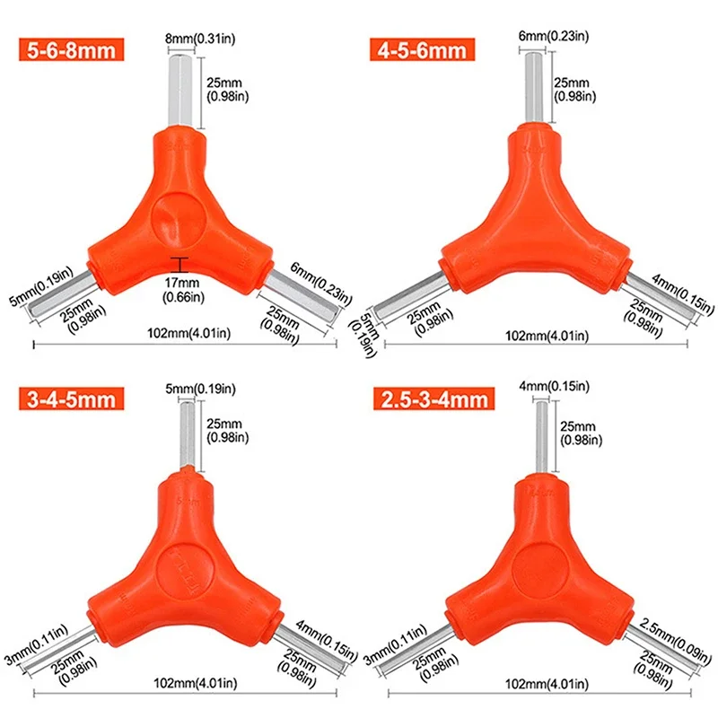 Conjunto de chave sextavada 3 em 1 de 2,5/3/4/5/6/8 mm feita em aço cromo-vanádio; Ideal para ferramentas de cuidado de bicicletas