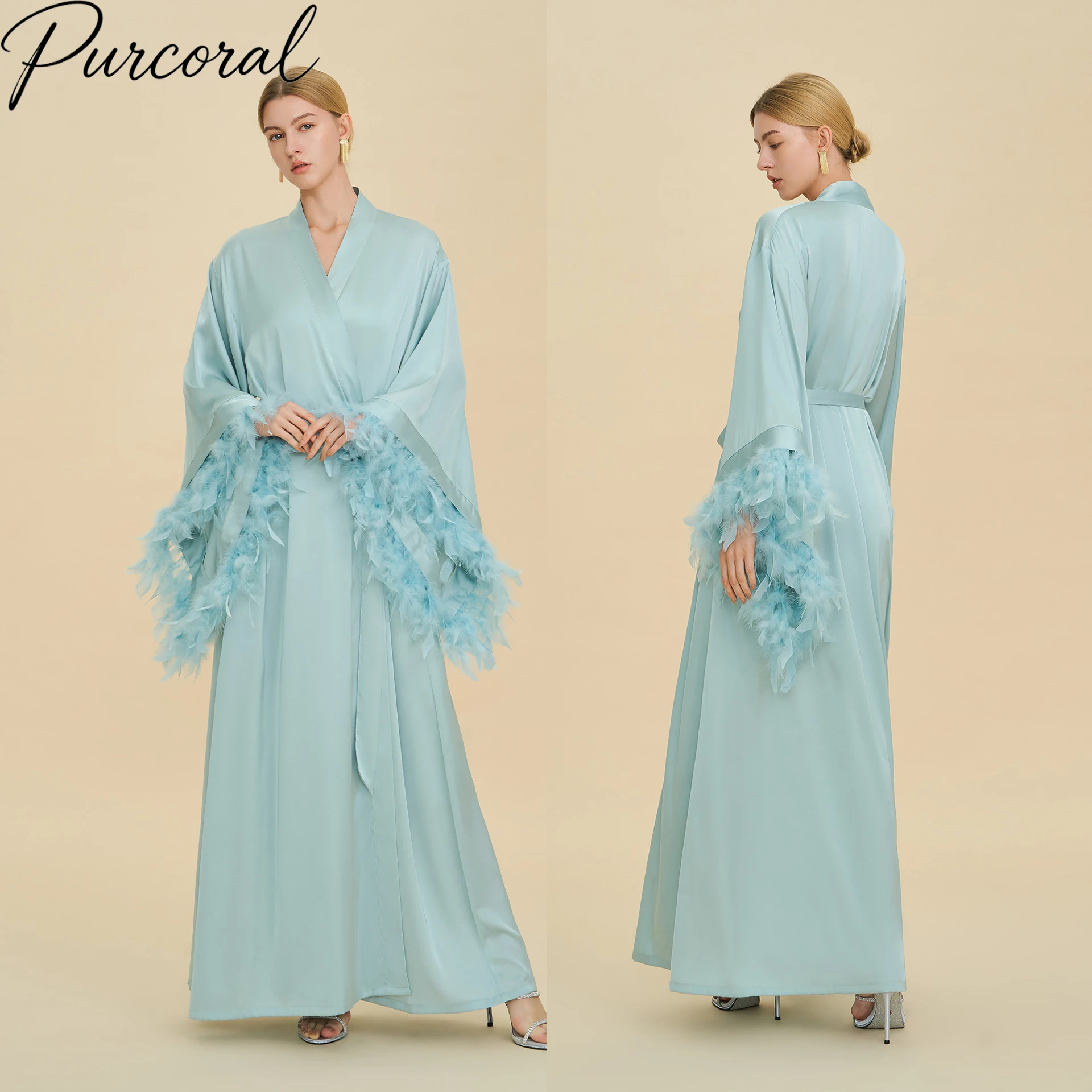 Purcoral 2026 New Women Luxury Satin Nightgown Feather Cuff Long Sleeve Maxi Robe Belted Ladies Homewear Sleepwear