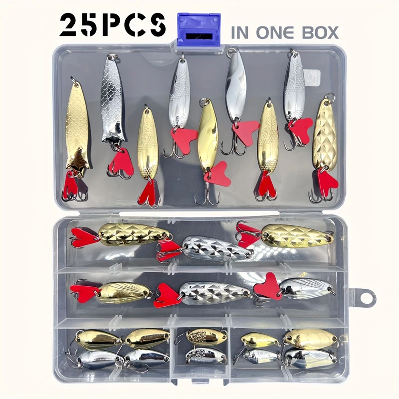 

25PCS/35PCS Fishing Metal Spoon Lure Kit Set Gold Silver Baits Sequins Spinner Lures With Box Treble Hooks Fishing Tackle Gear