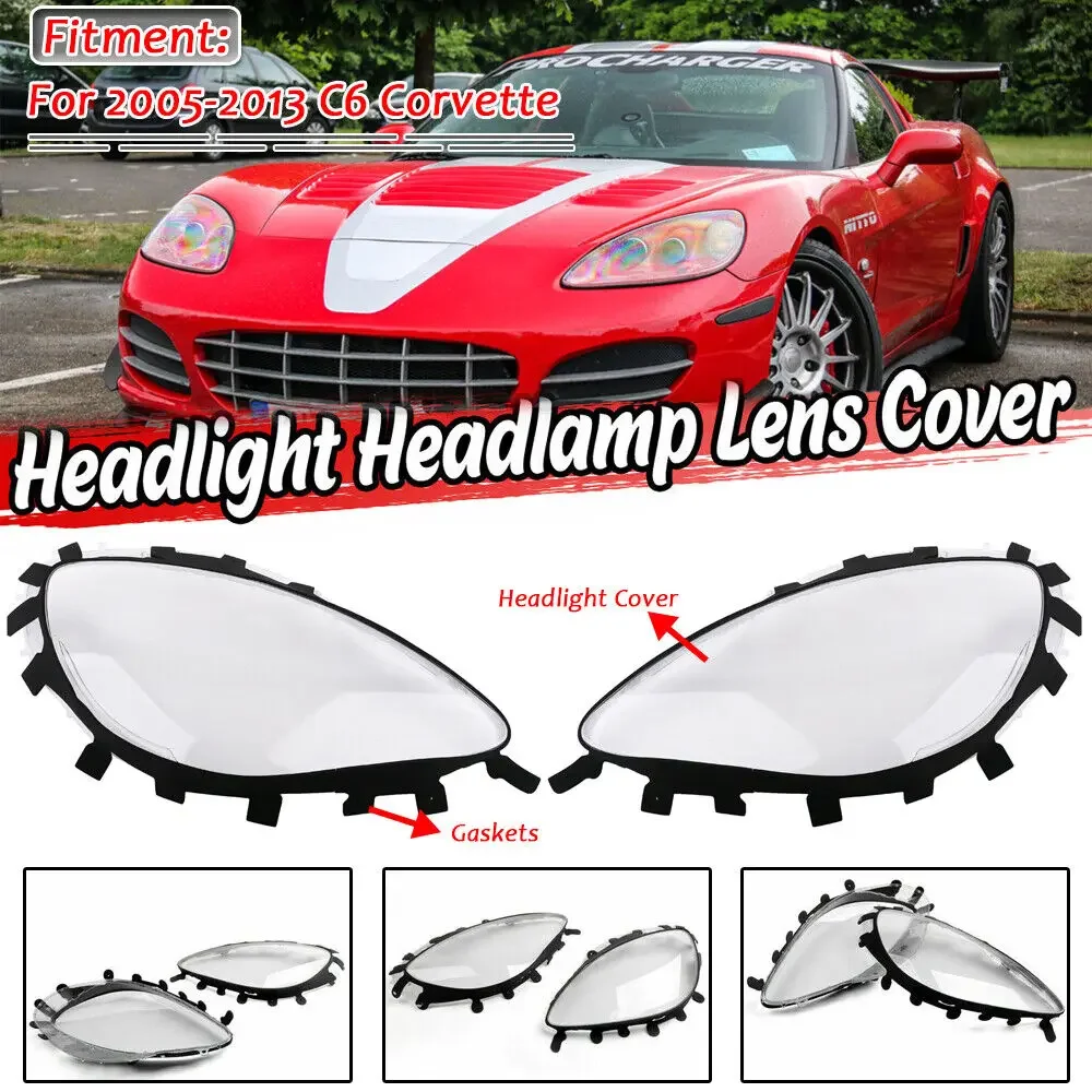 2x Transparent Headlight Lens Cover Replacement Headlamp Shell With Black Rubber Gaskets Kit For 2005-2013 C6 Corvette