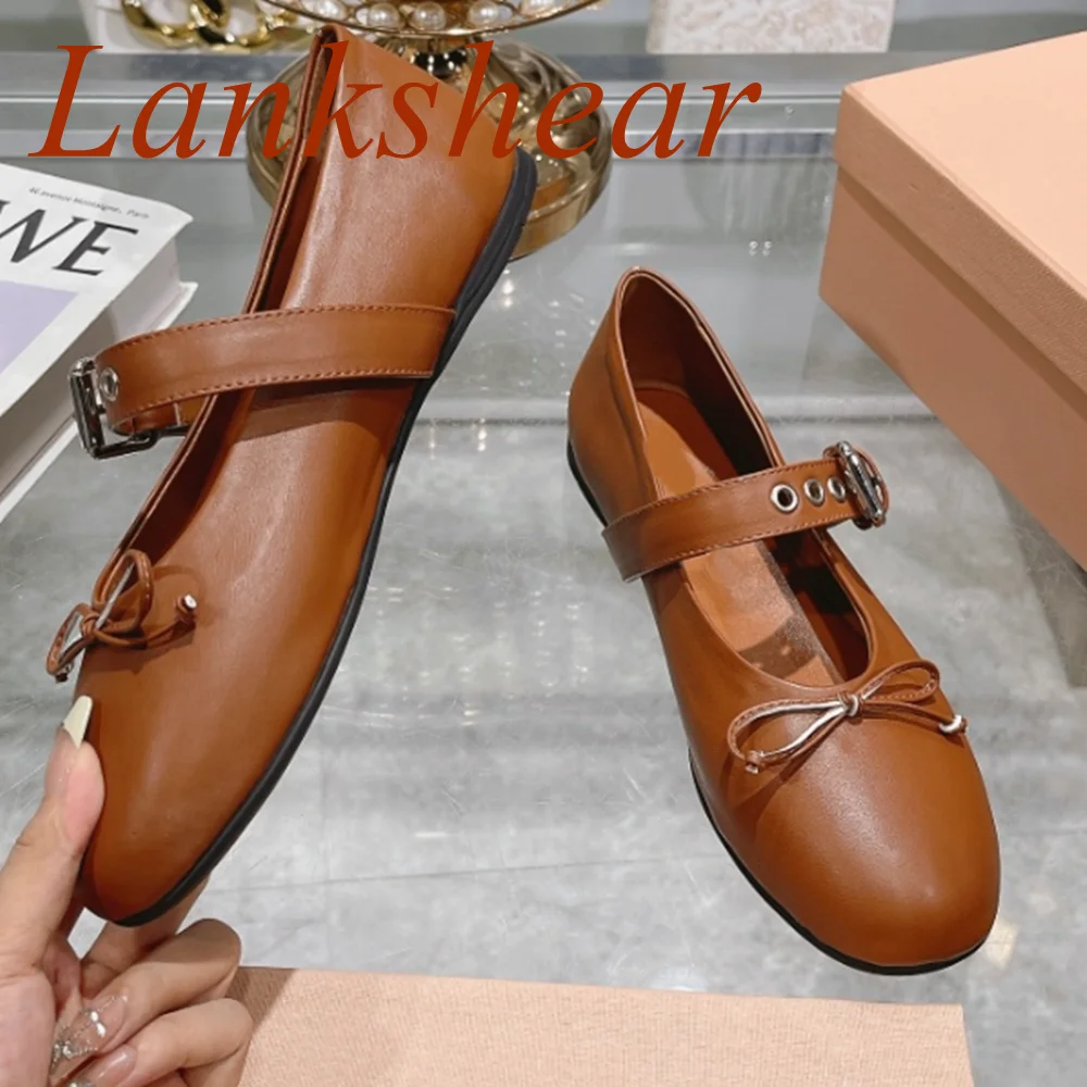 

Butterfly Knot Round Toe Women Shoes Flat Sole Solid Buckle Strap Cover Heel Fashion Sexy Office Mary Jane 2024 New Arrivals