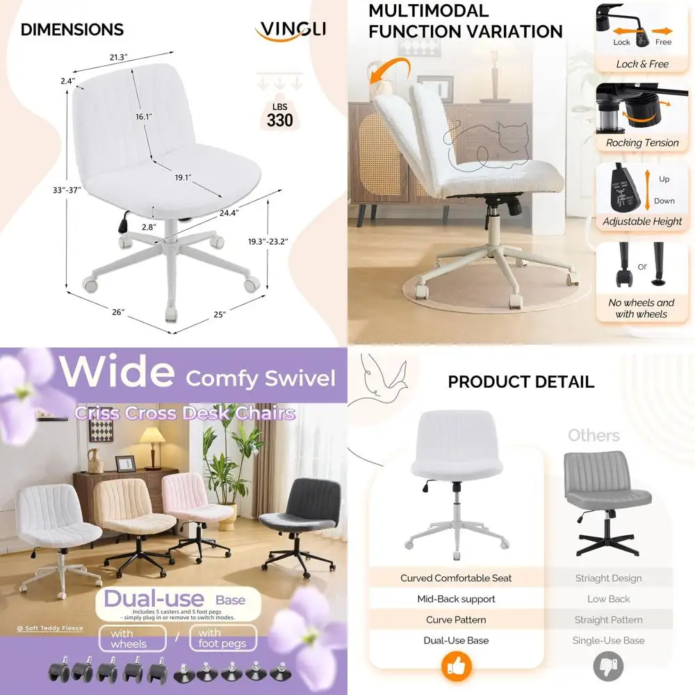 

Versatile Swivel Office Chair with/without Wheels, Plush Armless Vanity Seat for Study, Makeup, or Home Office in White Teddy Fl