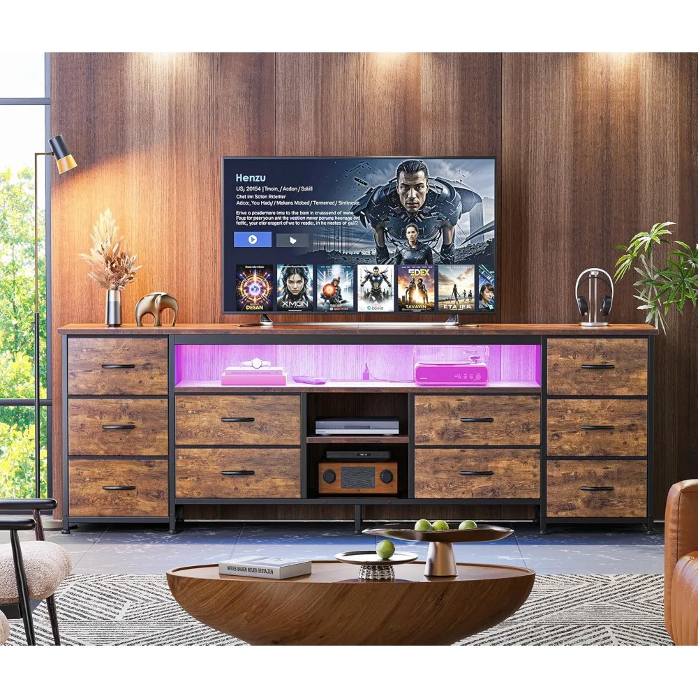 حامل تلفزيون LED كبير 70.9 بوصة مع أدراج قماشية ومنافذ طاقة ومنفذ USB-C وإضاءة LED لاستخدام غرفة النوم