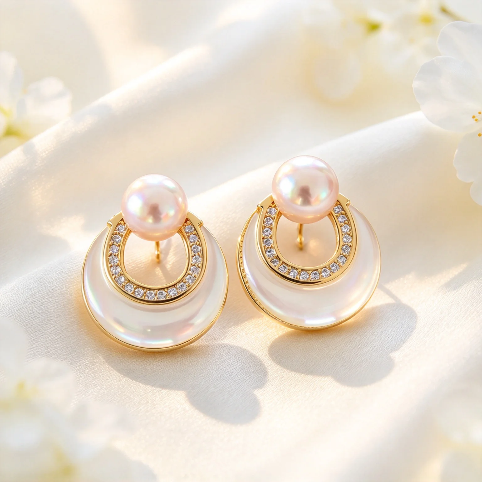 Elegant Freshwater Pearl Earrings Women Natural Shell Geometric CZ Studs Gold Silver Color Vintage Wedding Jewelry Gift with Box