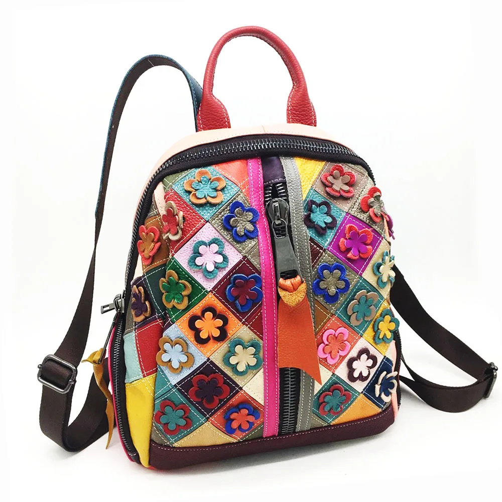 3D Floral Genuine Leather Backpack Woman Real Cow Leather Shoulder Bags Ladies Fashion Cowhide Travel Tote Bag 2026 New