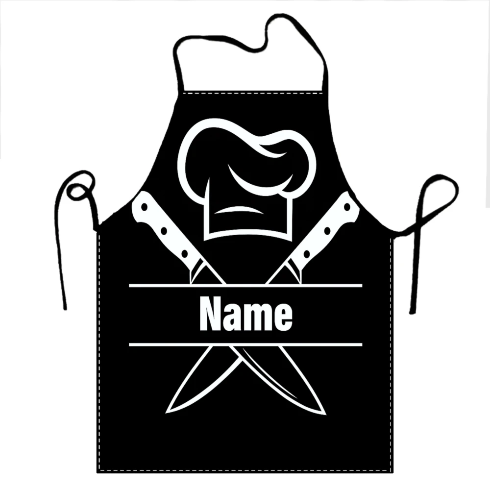 Delantal de Chef con nombre personalizado, poliéster resistente con utensilios de cocina y estampado de gorro de Chef, delantal de fiesta de cocina para barbacoa, Herramientas de limpieza