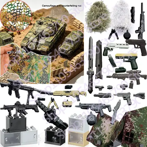 Military 3D Printed Gun Model  Building Blocks Toy Camouflage Anti Counterfeiting Net  Ghillie Suit Accessories Bricks Weapons