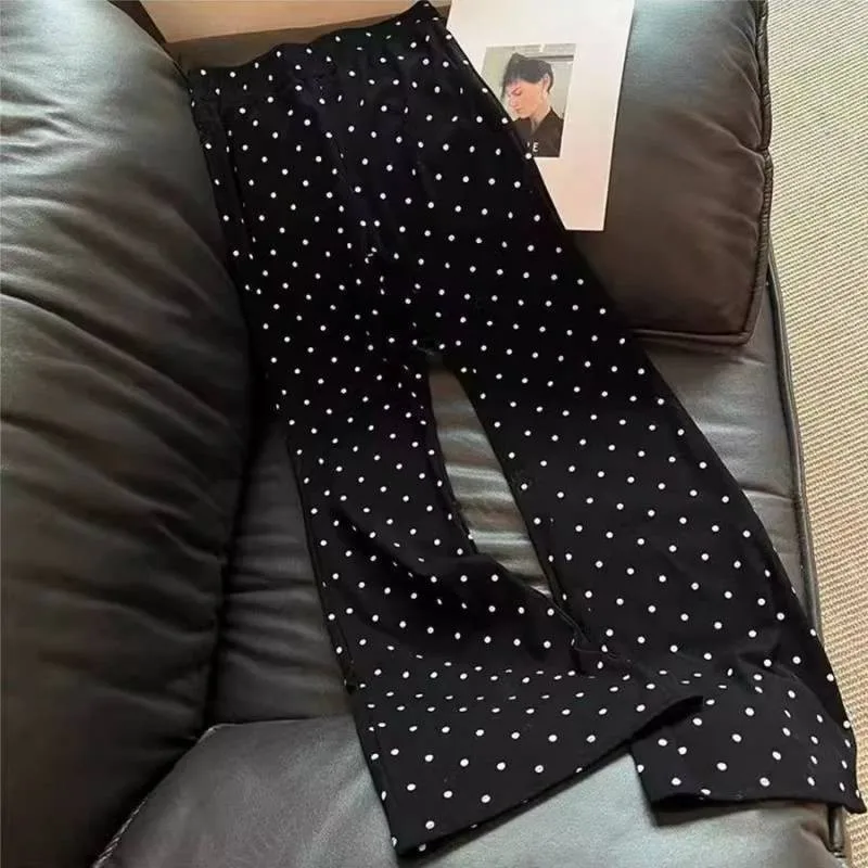 Bla 水玉プリント ハイウエスト 薄手 カジュアルパンツ レディース 春夏 着痩せ マイクロフレア 小さいサイズ ロングパンツ