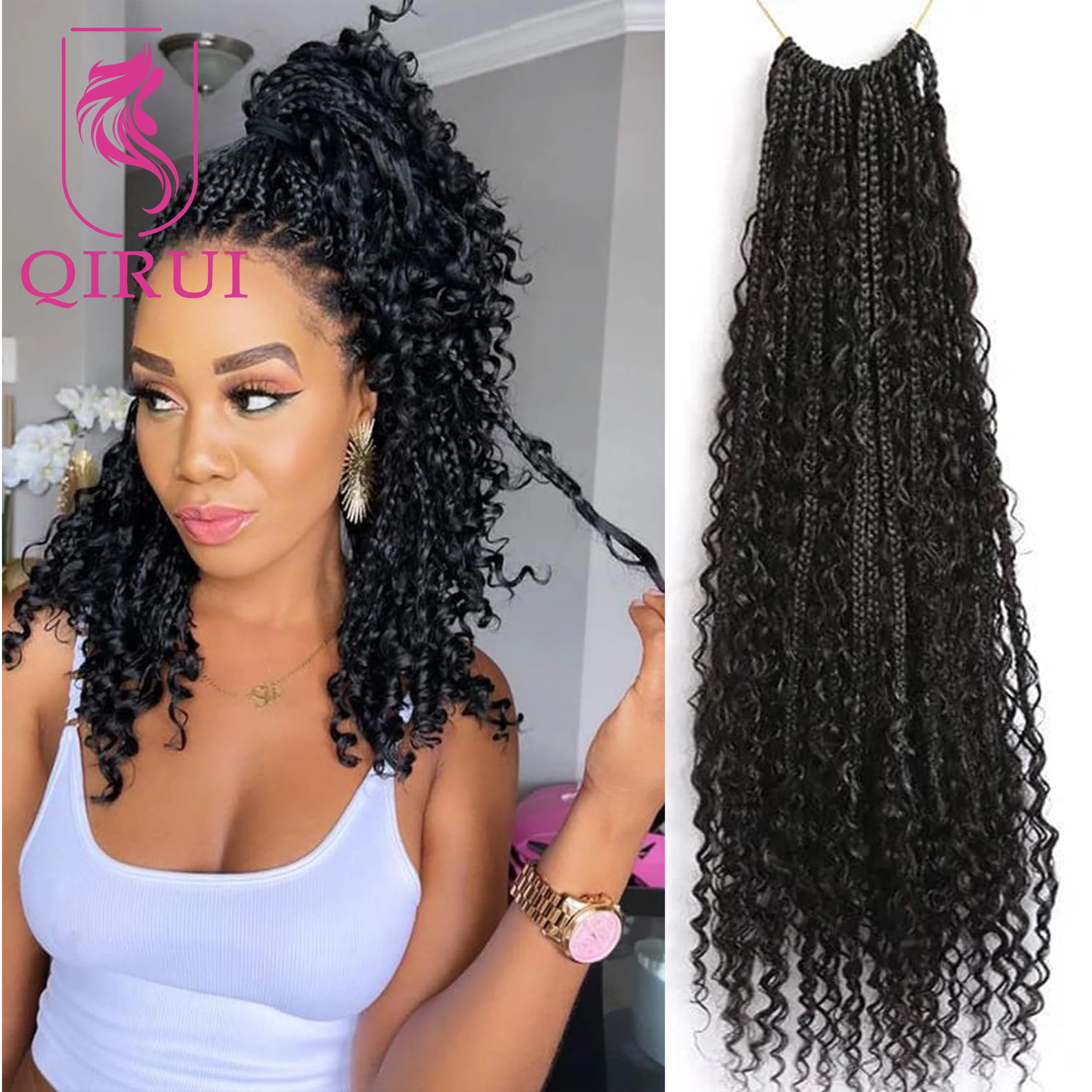 Crochet Boho Box Braids With Human Hair Curls Pre-looped Synthetic Braid With Human Hair Curls Braiding Hair Extensions Natural