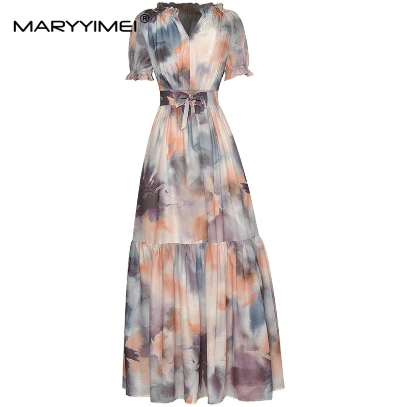 

MARYYIMEI Fashion Designer dress Summer Women Dress V Neck Short sleeve Bow High waist Tie Dye Vintage Print Dresses