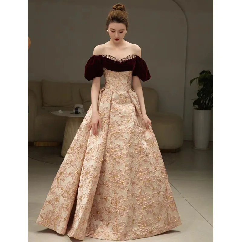 

Champagne Printing Bridesmaid Dresses Jacquard Velvet Off The Shoulder A-Line Handmade Beads Puffy Shiny Evening Prom Gowns