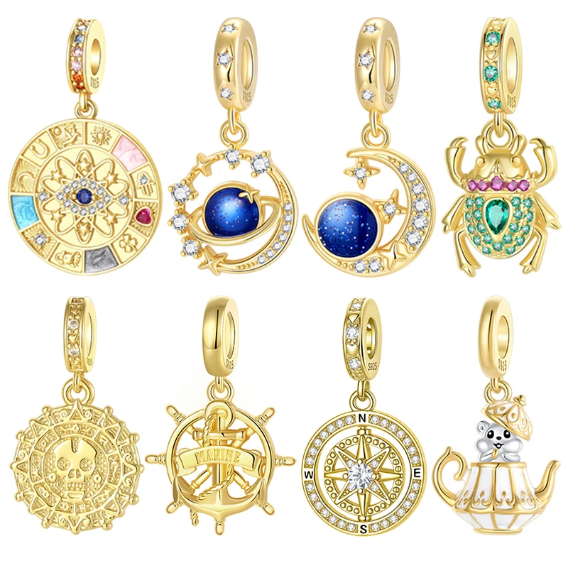 925 Sterling Silver golden Evil Eye Planet Moon Star Scarab Nautical Compass Ship Dangle Charms Fit Bracelets Jewelry Gift