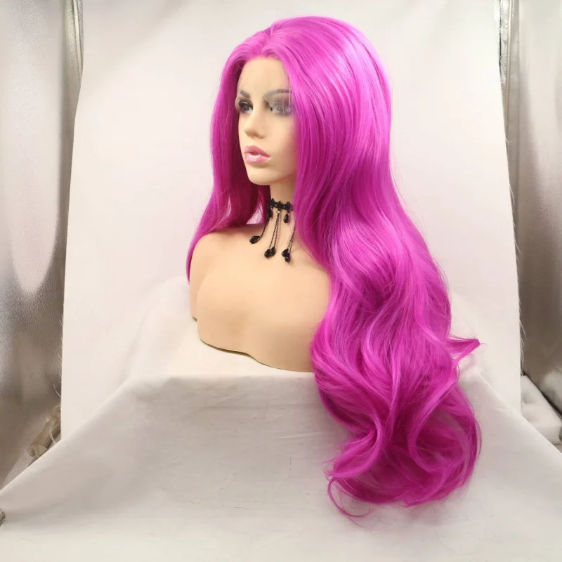 Women's wig in rose pink with large wavy long curls, hand-tied front lace, synthetic fiber, matte finish, full head cover
