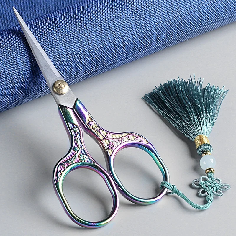 Vintage Craft Scissors Stainless Steel Square Handle Household DIY Embroidery Thread for Sewing Cutting Cloth with Chinese Knot