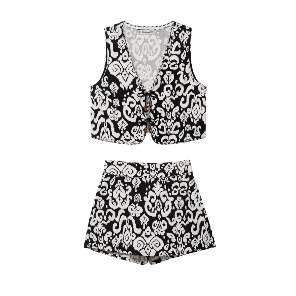 

2025 New Women's Fashion and Elegant European and American Style Design with Printed Lace up Tank Top&Shorts Set