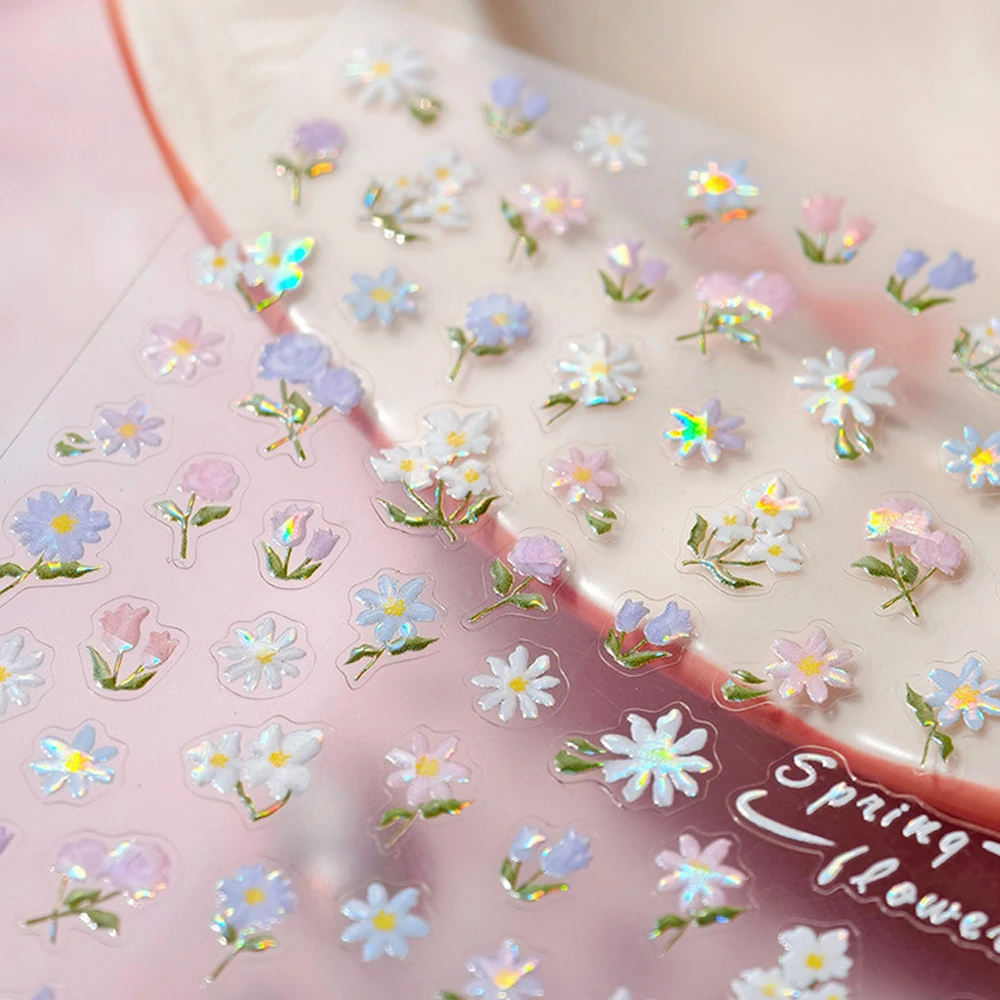 Naklejki na paznokcie 5D, słoneczniki, stokrotki, błyszczący gradient, bukiet, kokardki, kwiatowe płatki, kokardki, samoprzylepne naklejki do manicure