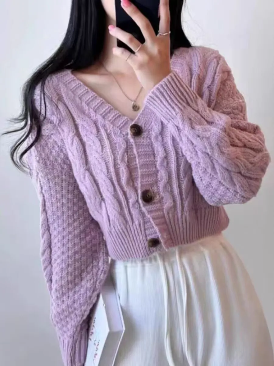 

Утепленный шикарный осенне-зимний корейский стиль с v-образным вырезом на одной пуговице, вязаный открытый кардиган, женский горячий распродажа, однотонный, одетый в Kil