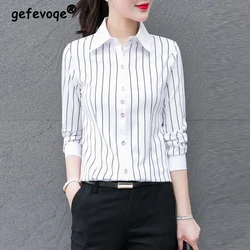 Vintage Striped Printed Business Casual Office Lady Button Up Shirt Spring Summer New Fashion Lapel Slim Blouse Top Women Blusas