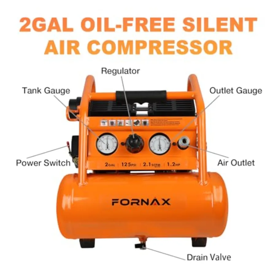 Portable Air Compressor 2 Gallon 1.2 HP 2.1 SCFM@90 PSI OilFree with Max Pressure up to 135 PSI and 65 dB Silent Operation Idea