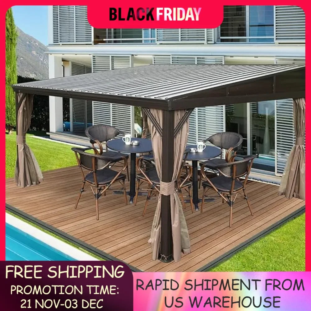 10x12FT Lean To Gazebo with Aluminum Frame, with Sloping Galvanized Steel Roof, Netting Curtain, Hardtop Wall Mounted Gazebo