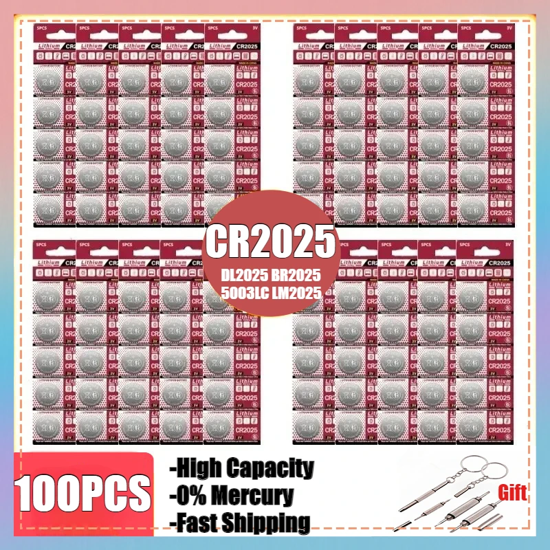 100PCS CR2025 Lithium Button Battery DL2025 BR2025 5003LC LM2025 3V CR 2025 Coin Cell Watch Batteries for Toys Clock Computer