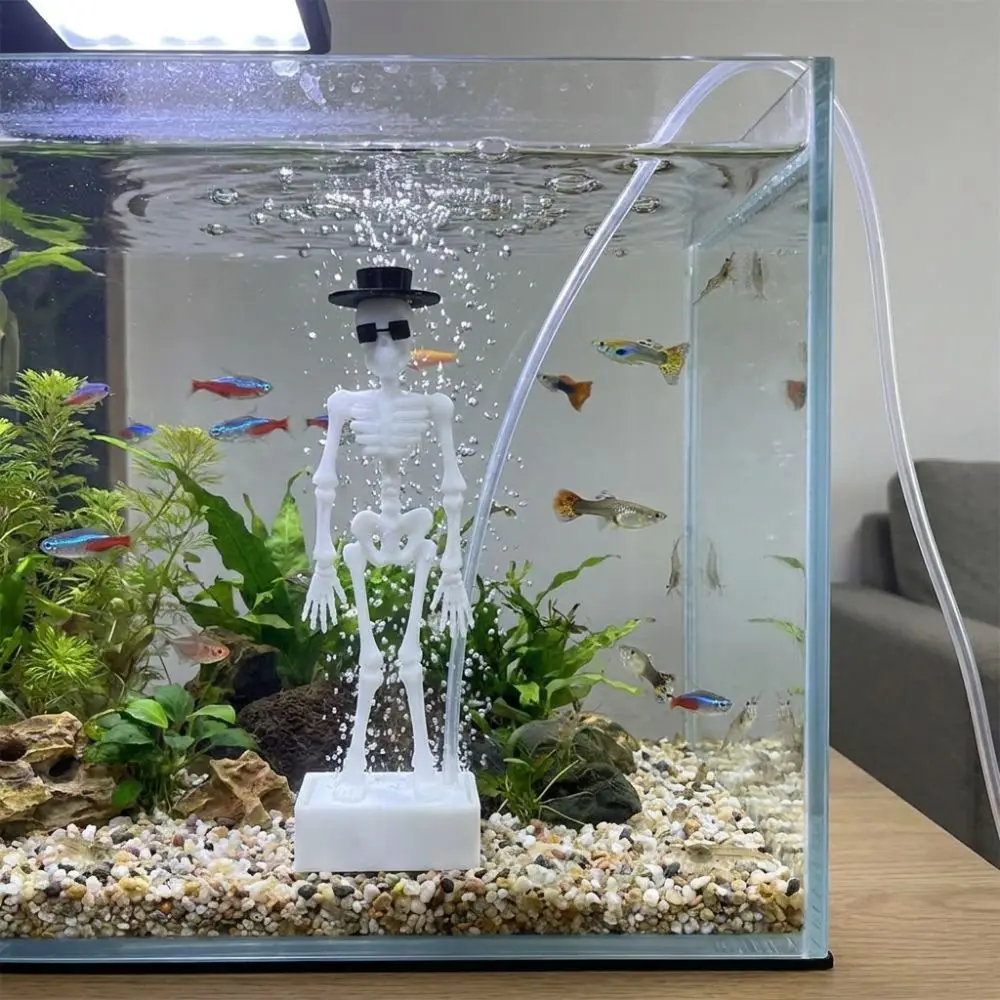 New 3D Printed Dancing Skeleton Aquarium Bubbler Plastic Wear Hat Sunglasses Dynamic Skeleton Bubbler Gothic Air Driven